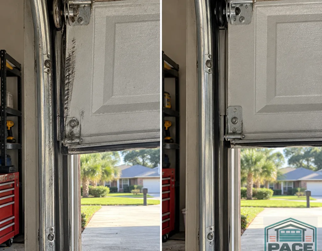 Before and after view of a garage door centered after track alignment and roller replacement