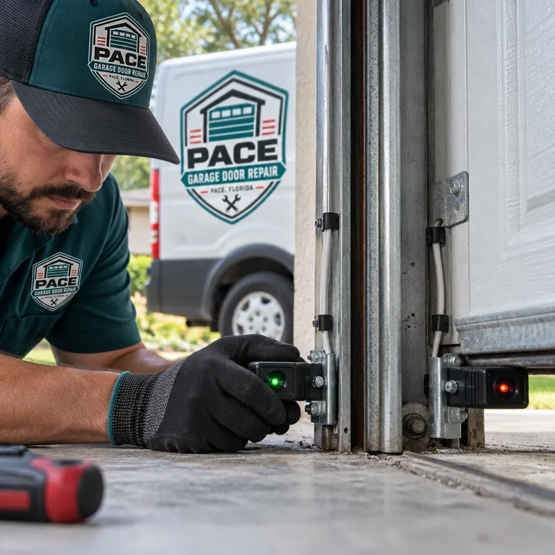 Properly aligned garage door safety sensors with indicator lights and secured wiring
