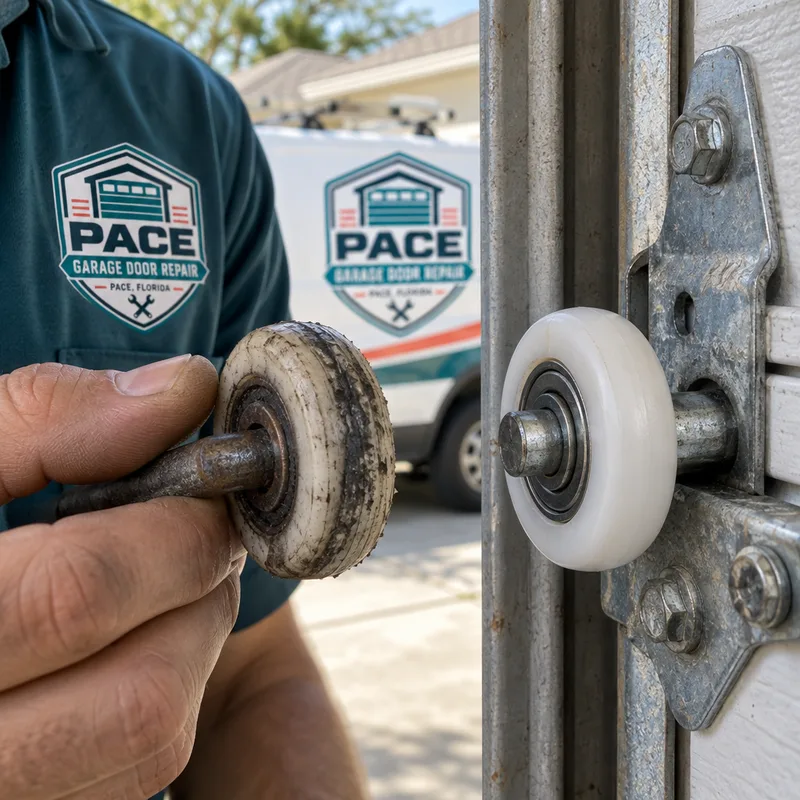 Worn nylon garage door roller beside a newly installed roller