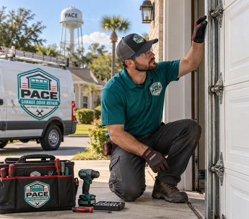Technician inspecting a residential sectional garage door in a Pace, Florida driveway