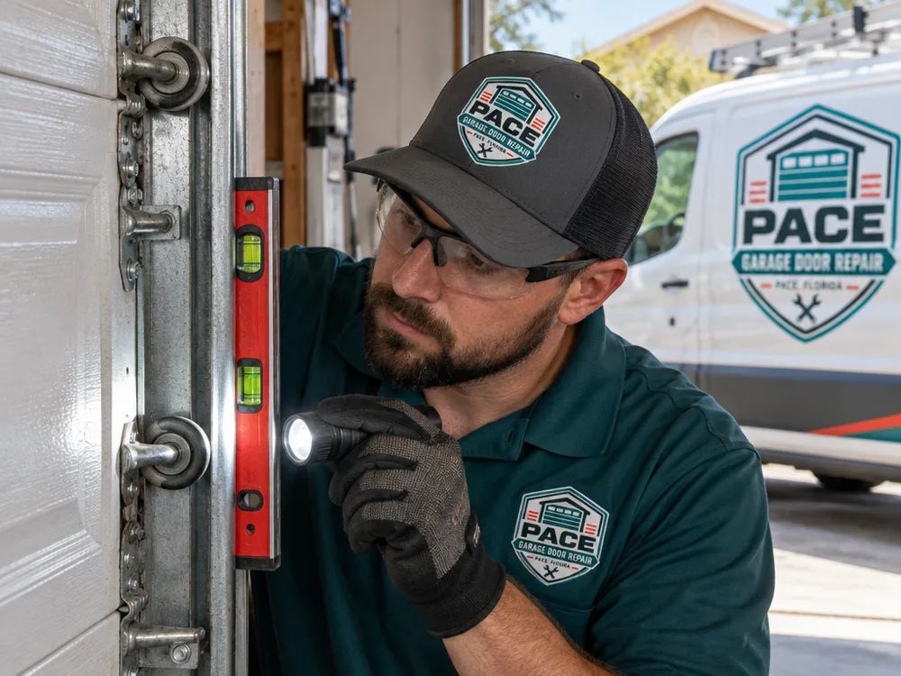 Technician checking garage door rollers and track alignment with a level and flashlight
