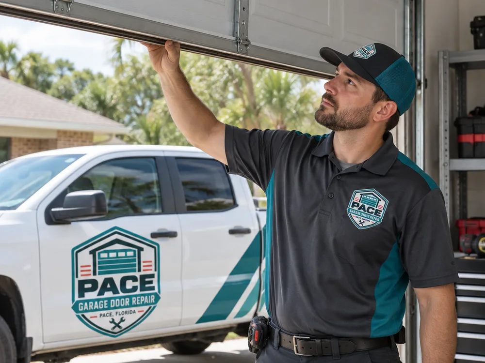 Technician checking garage door balance with the door halfway open