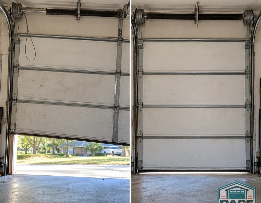 Before and after view of a garage door leveled with even cable tension