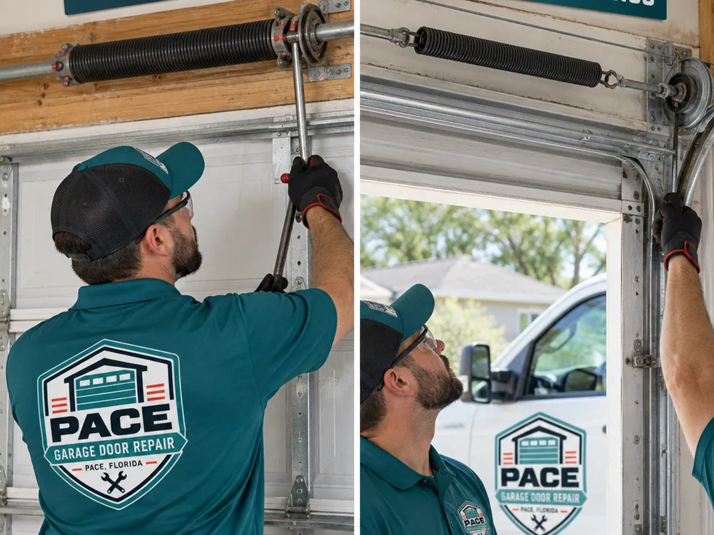 Comparison of torsion springs above a garage door and extension springs beside the tracks