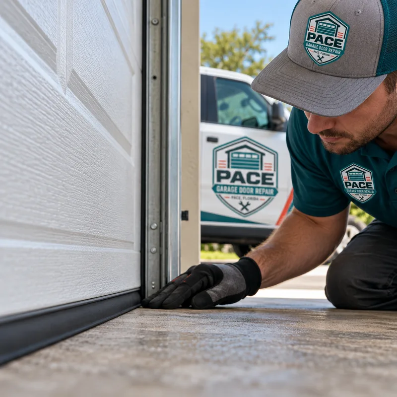 Garage door bottom weather seal contacting the slab evenly with no visible daylight