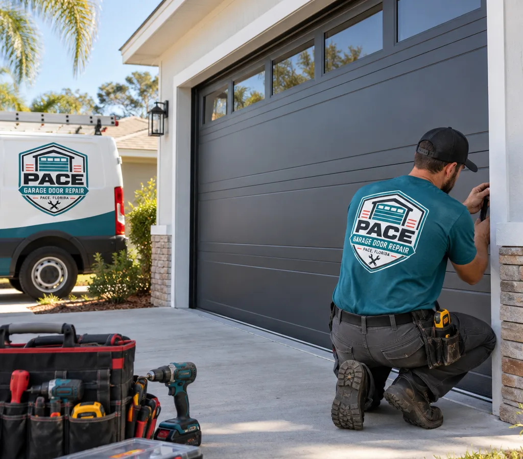 New modern steel sectional garage door installed on a home with installer tools in the foreground