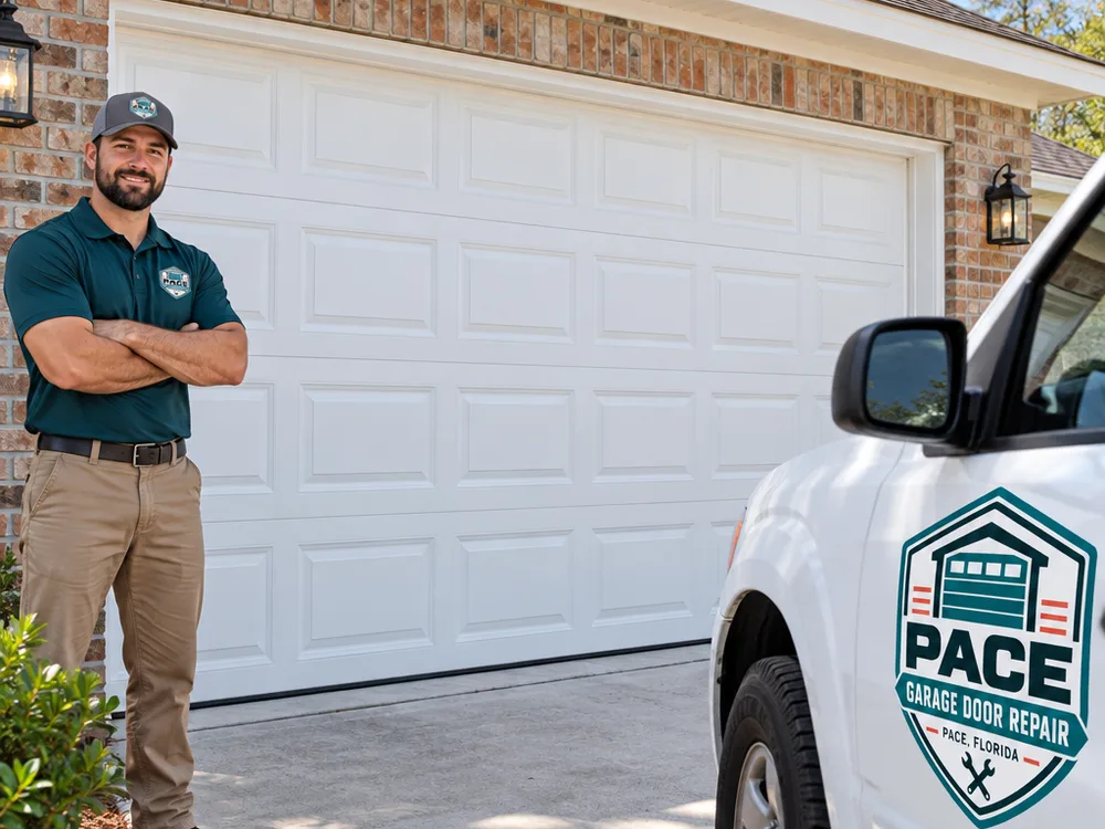 White raised-panel steel garage door installed on a brick home with clean alignment