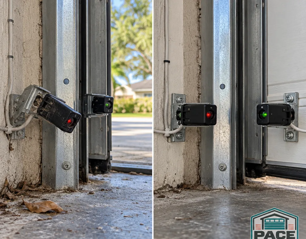 Before and after comparison of misaligned and correctly aligned garage door safety sensors