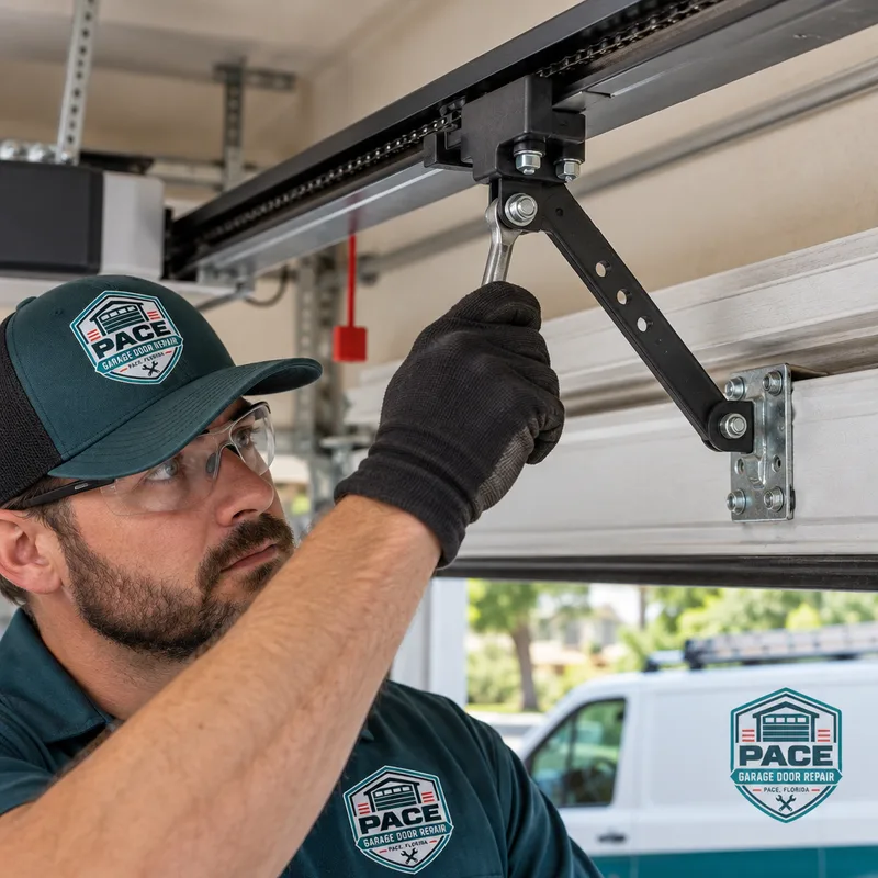 Garage door opener rail, trolley, and correctly angled door arm connection