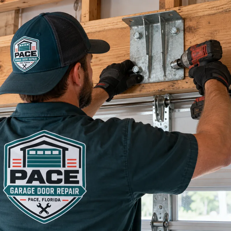Garage door opener header bracket anchored into solid framing above the door centerline