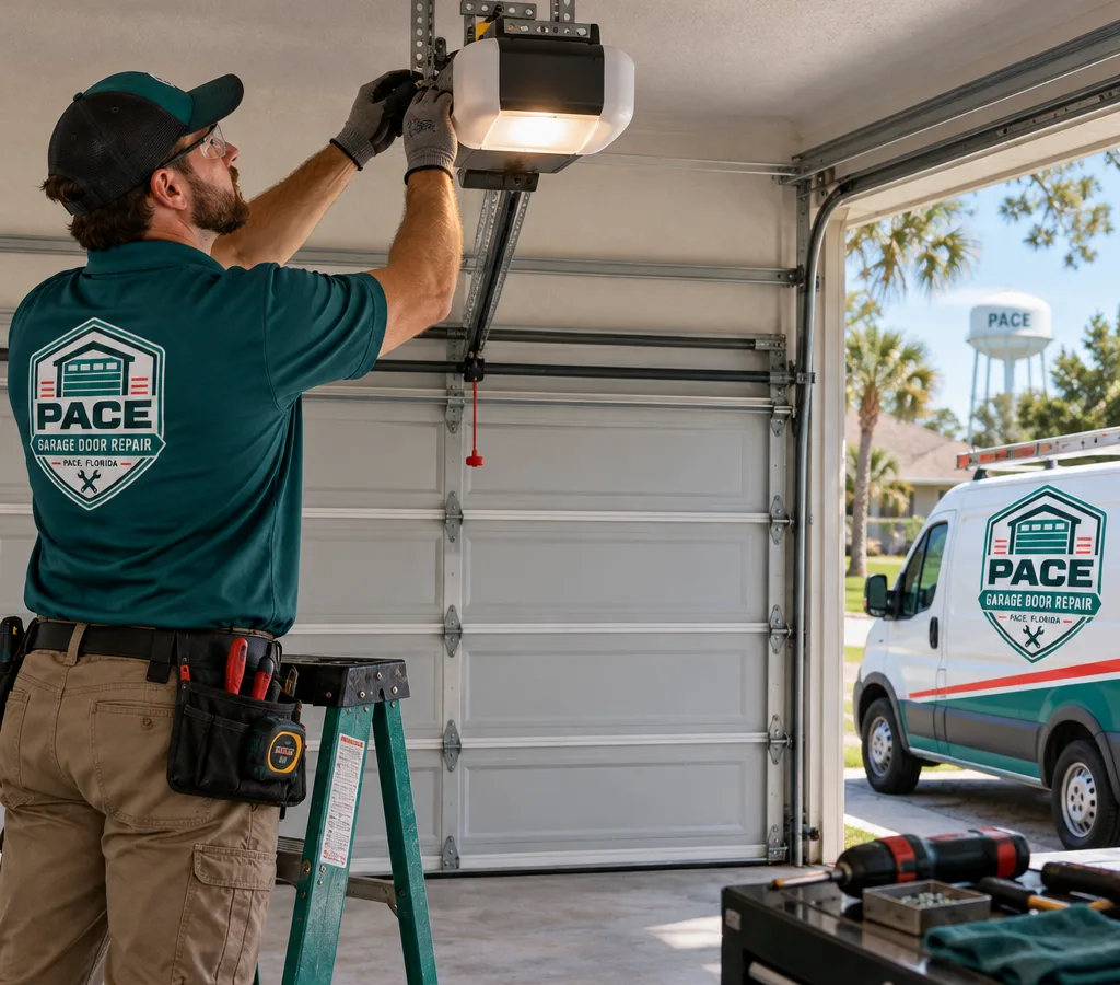 Technician installing and aligning a ceiling-mounted garage door opener