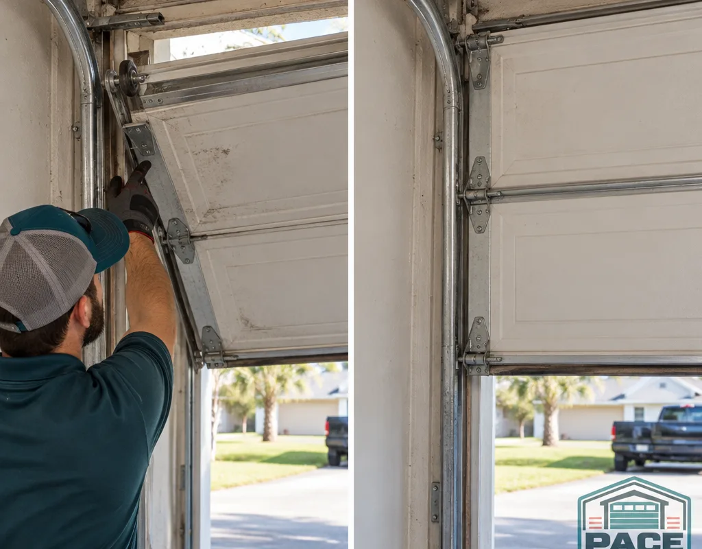 Before and after views of an off-track garage door reset and realigned