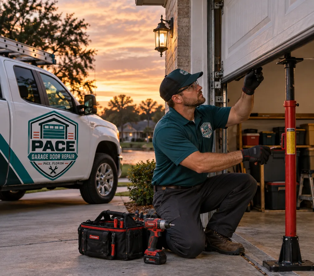 Technician stabilizing a partially open residential garage door at dusk
