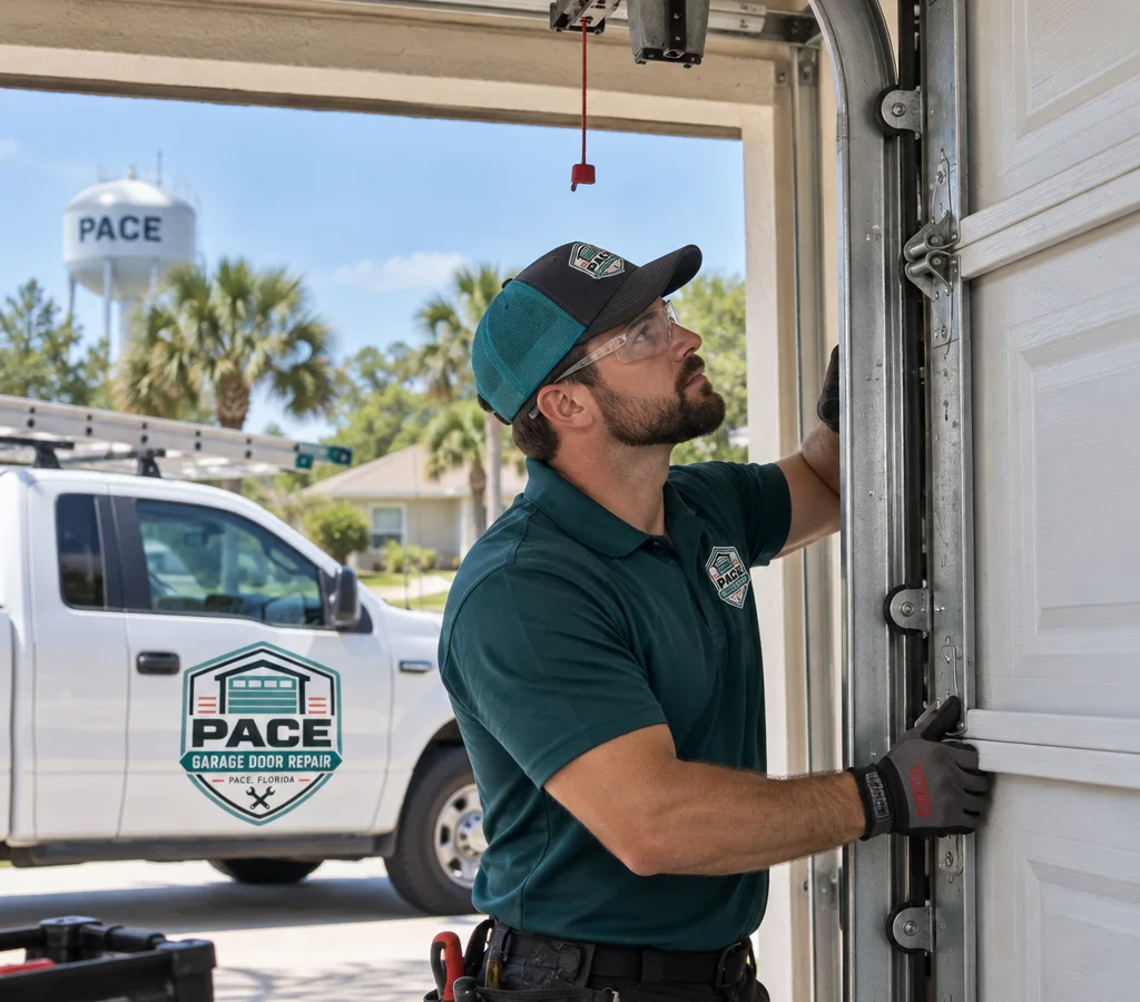 Technician guiding a residential sectional garage door back into its vertical track with the opener disconnected